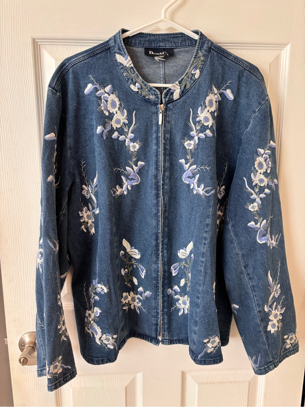 Denim & Co. Denim Zip-Front Jacket with Floral Embroidery